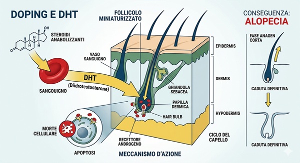 Schema medico del meccanismo d'azione dei dopanti e degli steroidi sull'alopecia androgenetica e sul DHT.