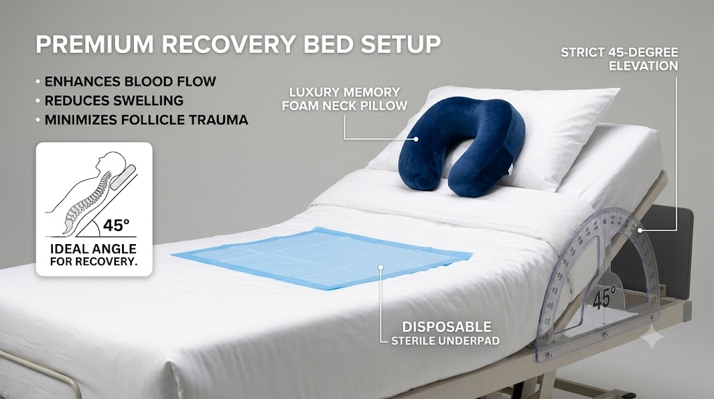 Un setup letto che mostra l'inclinazione obbligatoria a 45 gradi e un cuscino da viaggio in memory foam per il recupero post-operatorio