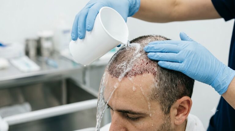 Versare delicatamente acqua tiepida da una tazza sopra il cuoio capelluto per risciacquare lo shampoo medico durante il primo lavaggio post-operatorio