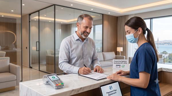 Un paziente e un coordinatore della clinica esaminano un accordo digitale per il piano di finanziamento e pagamento presso un bancone moderno in una clinica di trapianto di capelli a Istanbul.