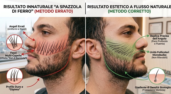 Infografica educativa che confronta un risultato innaturale a spazzola di ferro (metodo errato) con un risultato estetico a flusso naturale (metodo corretto) per il trapianto di barba a Istanbul.