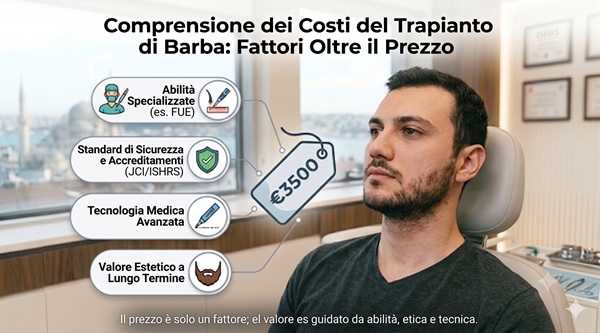 Infografica sui fattori di costo del trapianto di barba a Istanbul oltre al prezzo economico.