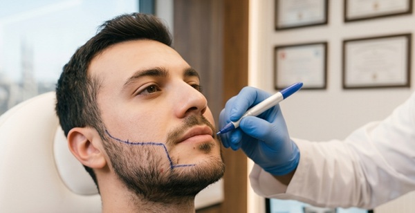 Mappatura artistica del disegno della linea della barba durante un consulto chirurgico a Istanbul