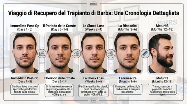 Cronologia grafica delle fasi di guarigione e recupero post-trapianto di barba in 5 fasi.