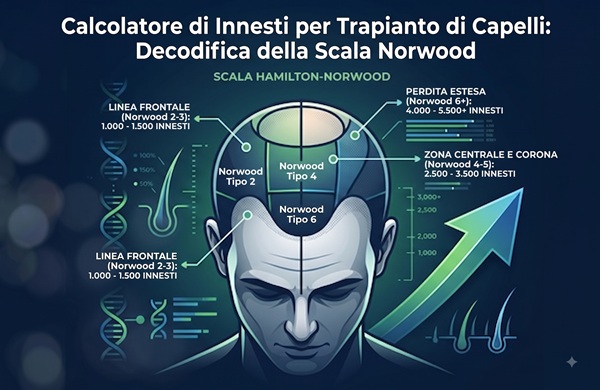 Infografica sul calcolo delle unità follicolari per il trapianto di capelli con gli stadi della scala Norwood e il conteggio stimato dei follicoli.
