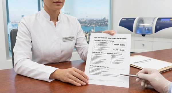 Primo piano di una coordinatrice clinica che presenta un listino prezzi per il 2026 relativo a un pacchetto di trapianto di capelli da 5.000 innesti all'interno di una clinica di Istanbul.