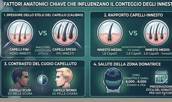 Infografica che illustra i fattori anatomici che influenzano il calcolo delle unità follicolari: calibro del capello, rapporto capelli/unità follicolare, contrasto con il cuoio capelluto e capacità della zona donatrice.