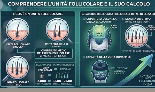 Infografica che spiega l'anatomia dell'unità follicolare, il conteggio dei follicoli e le variabili chirurgiche di calcolo tra cui superficie, densità e capacità della zona donatrice