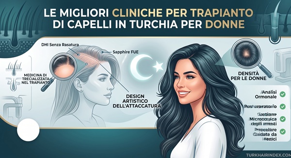 Infografica che evidenzia le migliori cliniche per il trapianto di capelli in Turchia per donne, con DHI senza rasatura, FUE zaffiro, design dell'attaccatura e analisi della densità femminile.