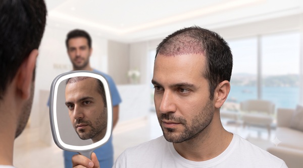 Paziente che ispeziona il proprio cuoio capelluto a 14 giorni da un trapianto di capelli FUE, che mostra una normale guarigione e l'inizio della fase di shock loss presso una clinica in Turchia.
