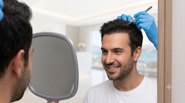Paziente che mostra una significativa trasformazione della crescita del trapianto di capelli a 6 mesi dall'intervento in una clinica in Turchia. Copertura evidente e capelli che si infoltiscono sull'attaccatura.