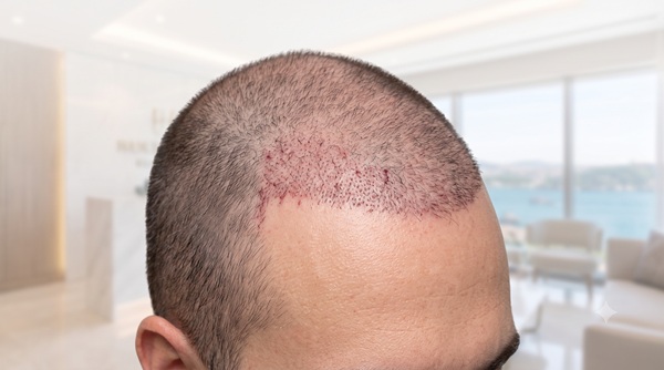 Primo piano del cuoio capelluto di un paziente a 2 mesi da un trapianto FUE a Istanbul, che mostra normale rossore, innesti inattivi e la fase di recupero iniziale prima della nuova crescita.