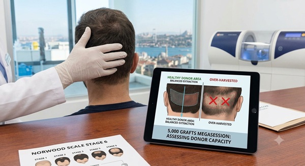 Primo piano di un medico che esamina l'area donatrice di un paziente con un'infografica su tablet che confronta un'estrazione sana con una sovra-estratta per un trapianto da 5.000 follicoli.