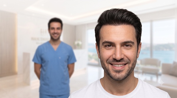 Paziente fiducioso che mostra risultati di trapianto di capelli FUE spessi, naturali e ad alta densità a 12 mesi dall'intervento in una clinica di Istanbul, in Turchia.