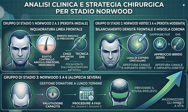 Infografica tecnica che illustra la strategia chirurgica del trapianto di capelli per stadio Norwood: dettagli sui contorni dell'attaccatura in DHI, approcci ibridi FUE Zaffiro e gestione della zona donatrice a lungo termine per calvizie avanzata.
