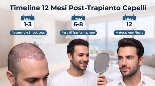 Infografica sulla timeline di crescita del trapianto di capelli mese per mese, che mostra la trasformazione in 12 mesi, dal recupero ai risultati finali di densità in Turchia.