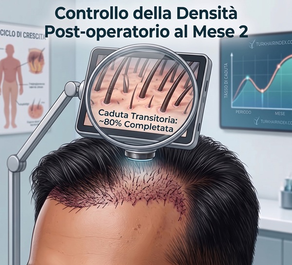 La telecamera per tricoscopia esamina l'attaccatura dei capelli del cuoio capelluto di un paziente mostrando la caduta temporanea e il controllo della densità dei capelli al mese 2