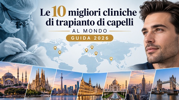 Le 10 migliori cliniche di trapianto di capelli al mondo nel 2026, con mappa mondiale e immagini di un intervento di trapianto capillare.